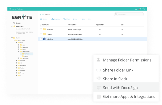 dashboard with collaboration options including manage folder permissions, share folder link, and more