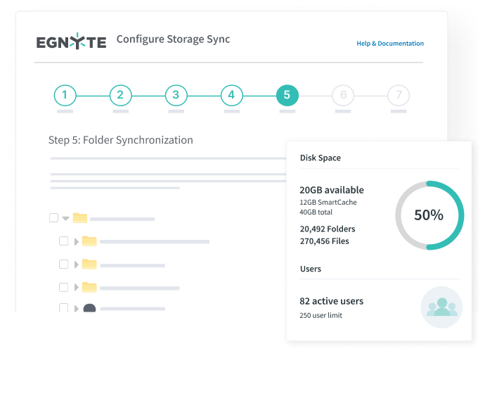 Egnyte dashboard showing folder synchronization and available disk space