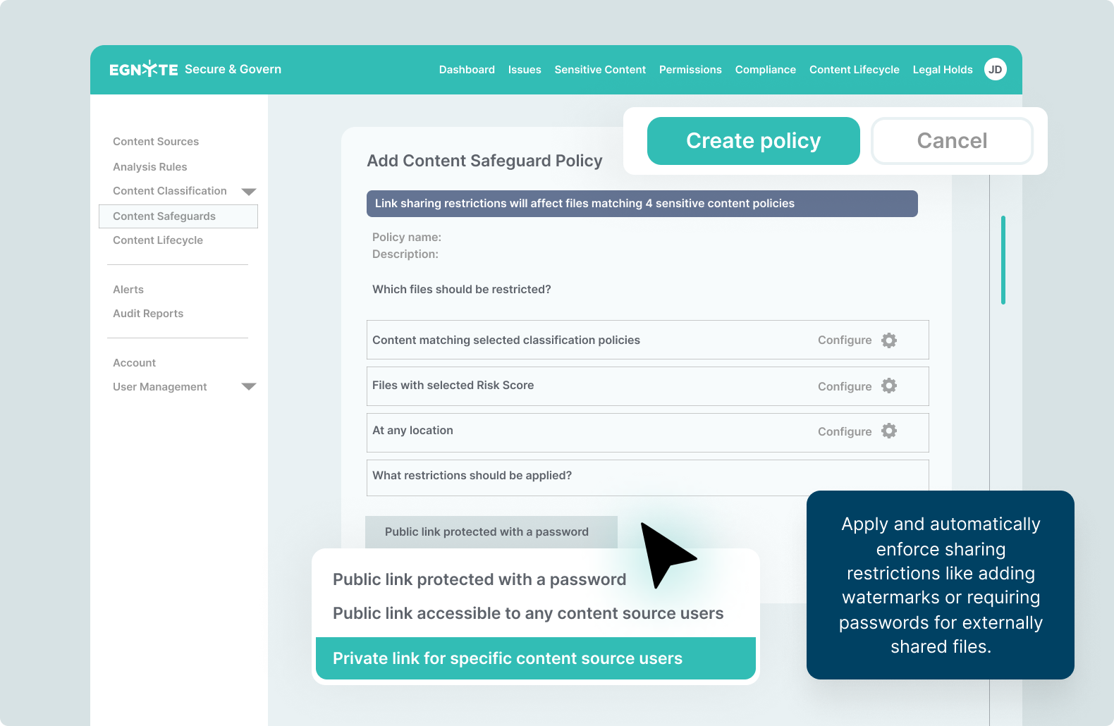 screenshot showing how to add a content safeguard policy