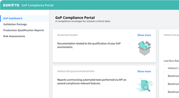 screenshot of GXP compliance portal with available documentation and reports