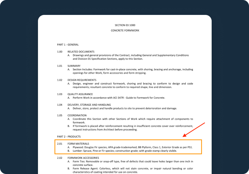Concrete formwork spec with materials highlighted