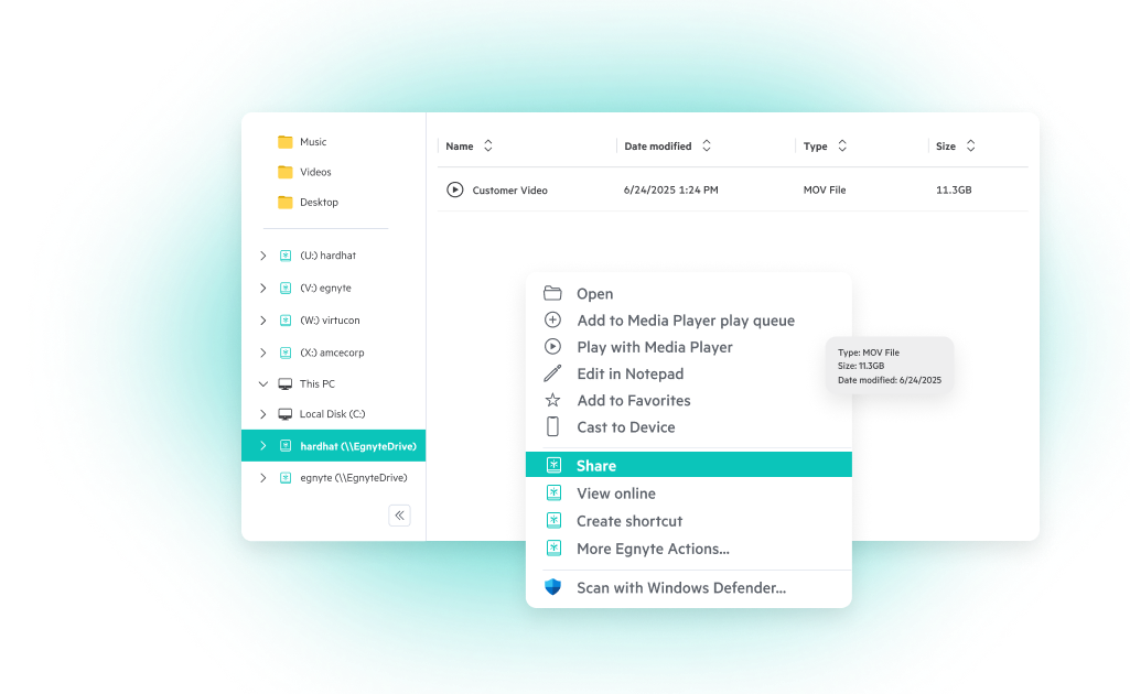 Egnyte Drive interface showing right-click file sharing option 