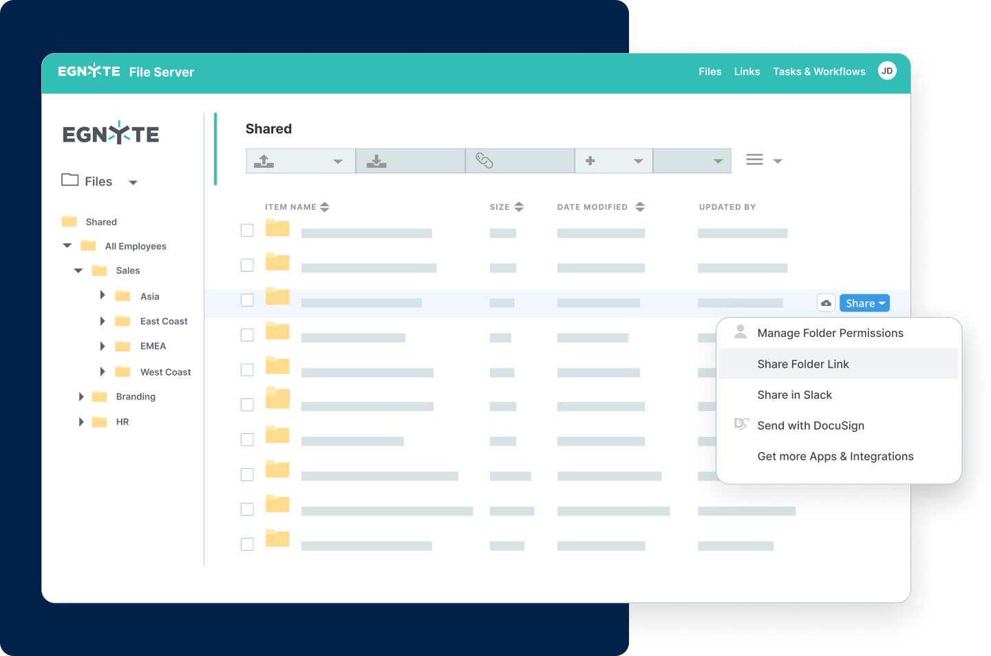 Egnyte file server dashboard showing shared folders and sharing options