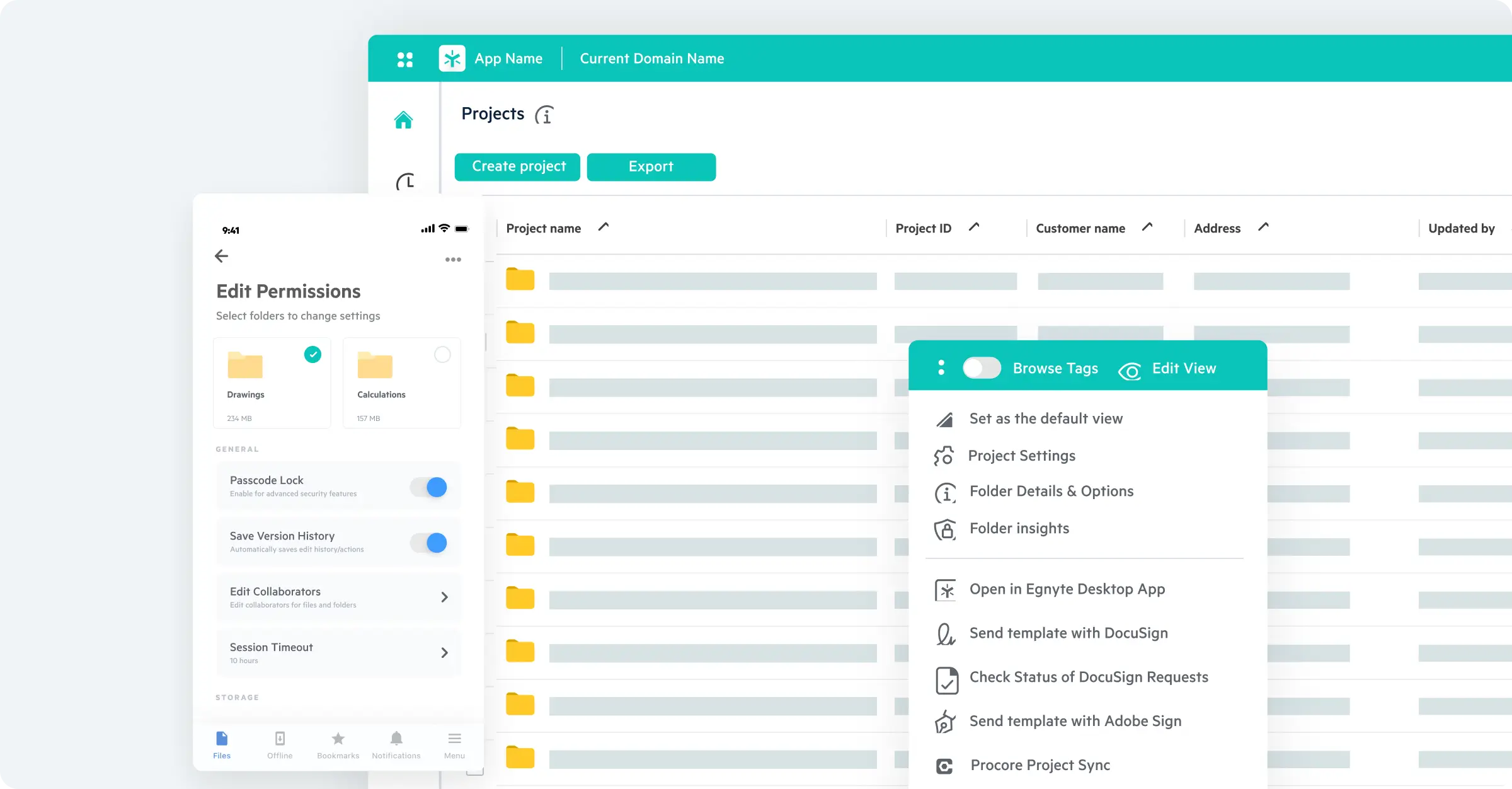 Egnyte Projects dashboard and folder menu 