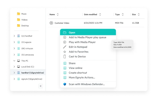 Egnyte Drive file context menu options