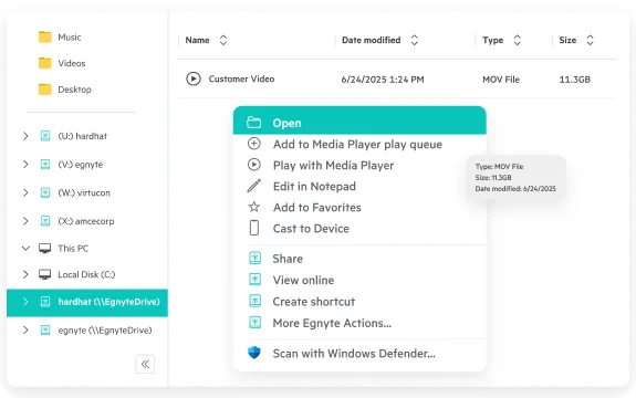 Egnyte Drive video file context menu