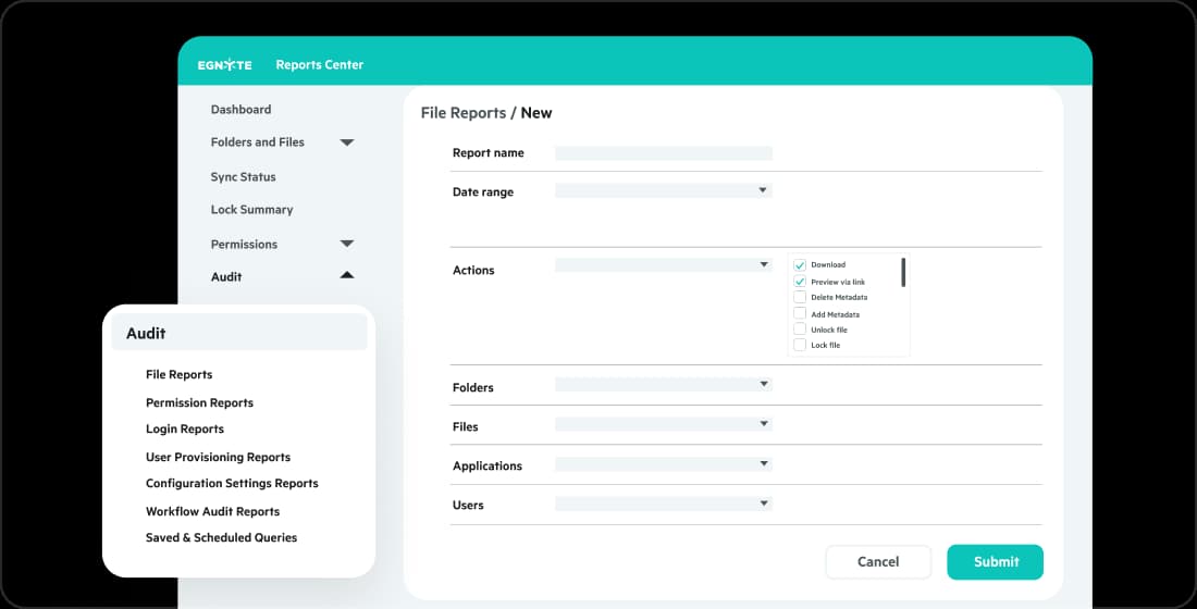 Egnyte reports center audit file reports