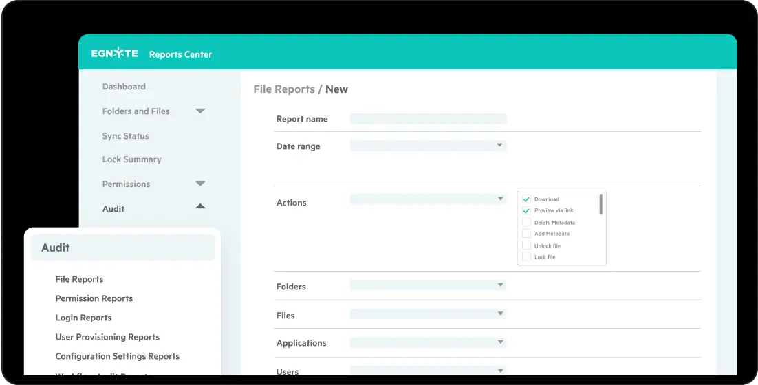 Egnyte reports center audit file reports