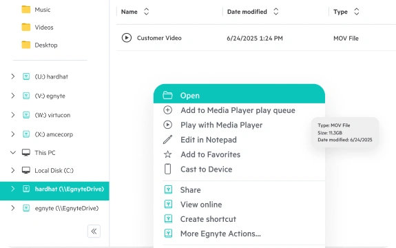 Egnyte Drive file open context menu