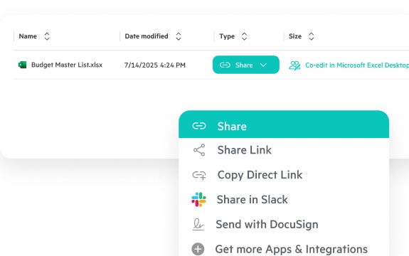 Egnyte file share options dropdown menu
