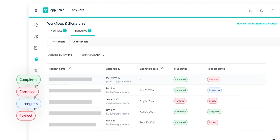Egnyte Workflows and Signatures request status list