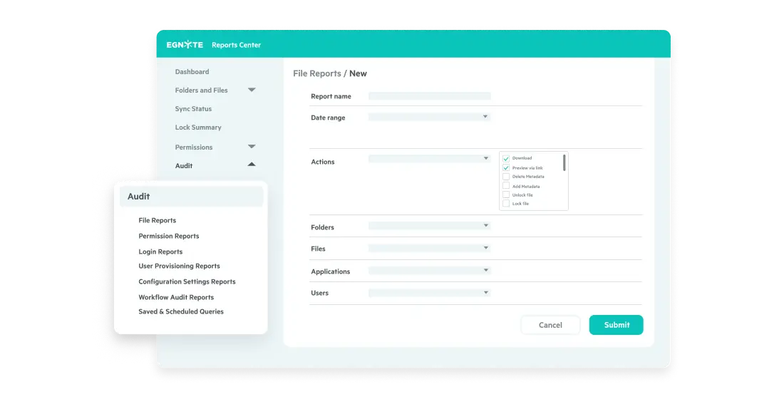  Egnyte audit reports center with file, permission and login tracking