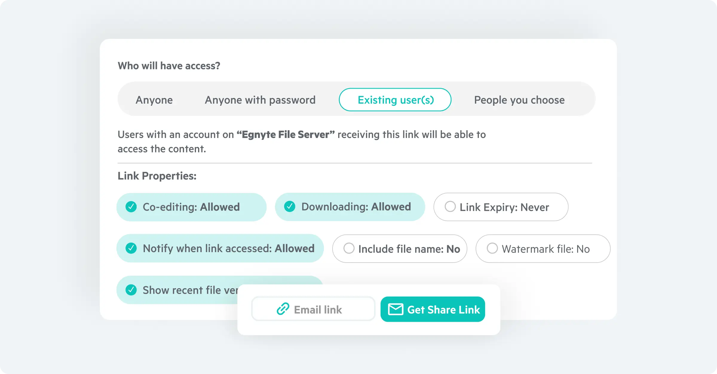 Egnyte file share link access settings