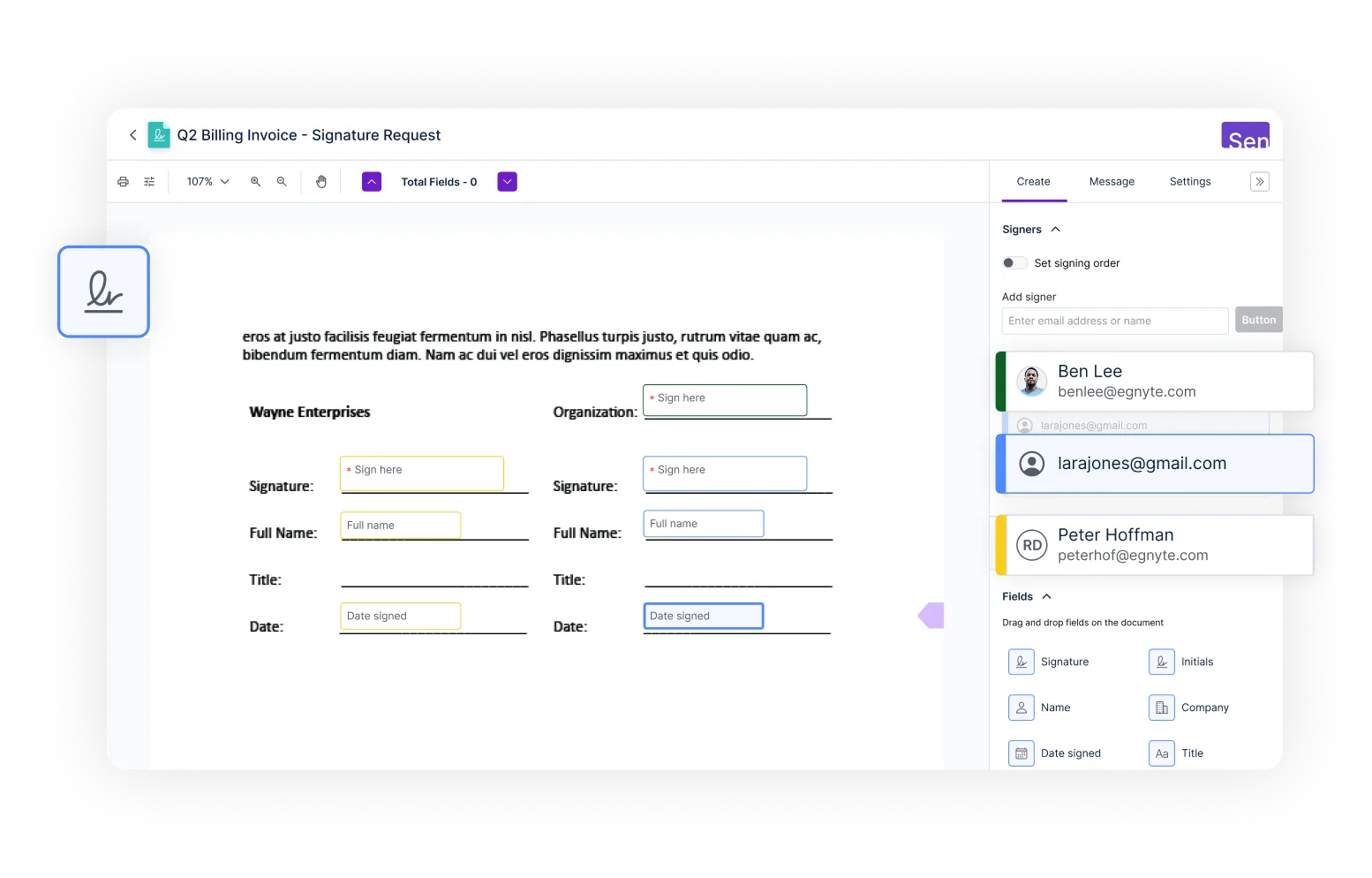 Egnyte eSignature invoice signer panel