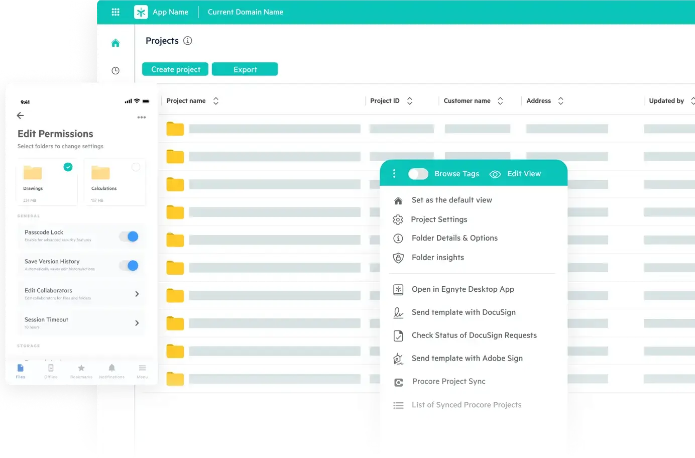 Project Hub dashboard and folder menu