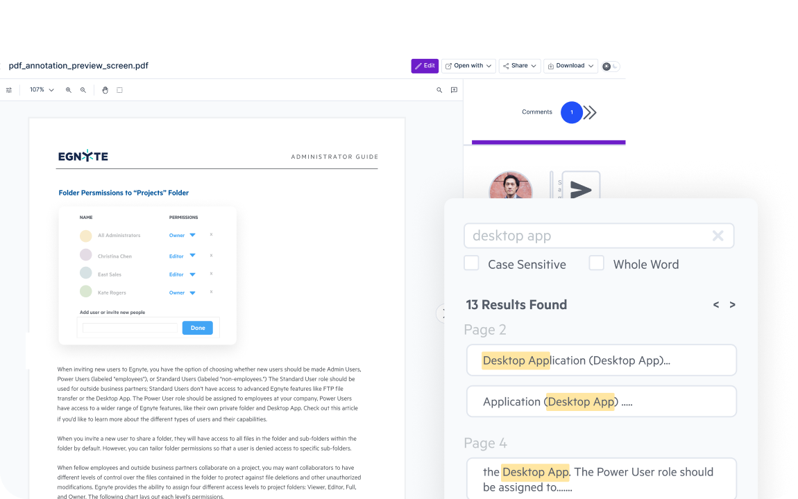 Egnyte PDF editor search and comments