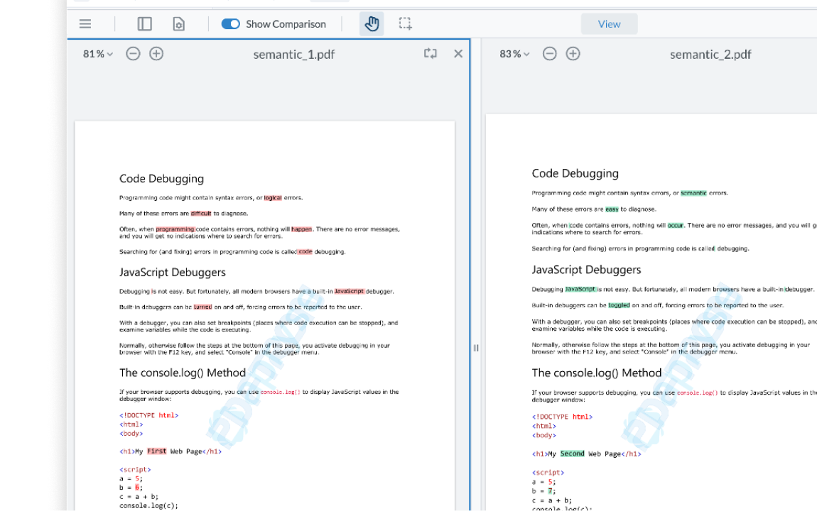 Egnyte PDF editor document comparison view