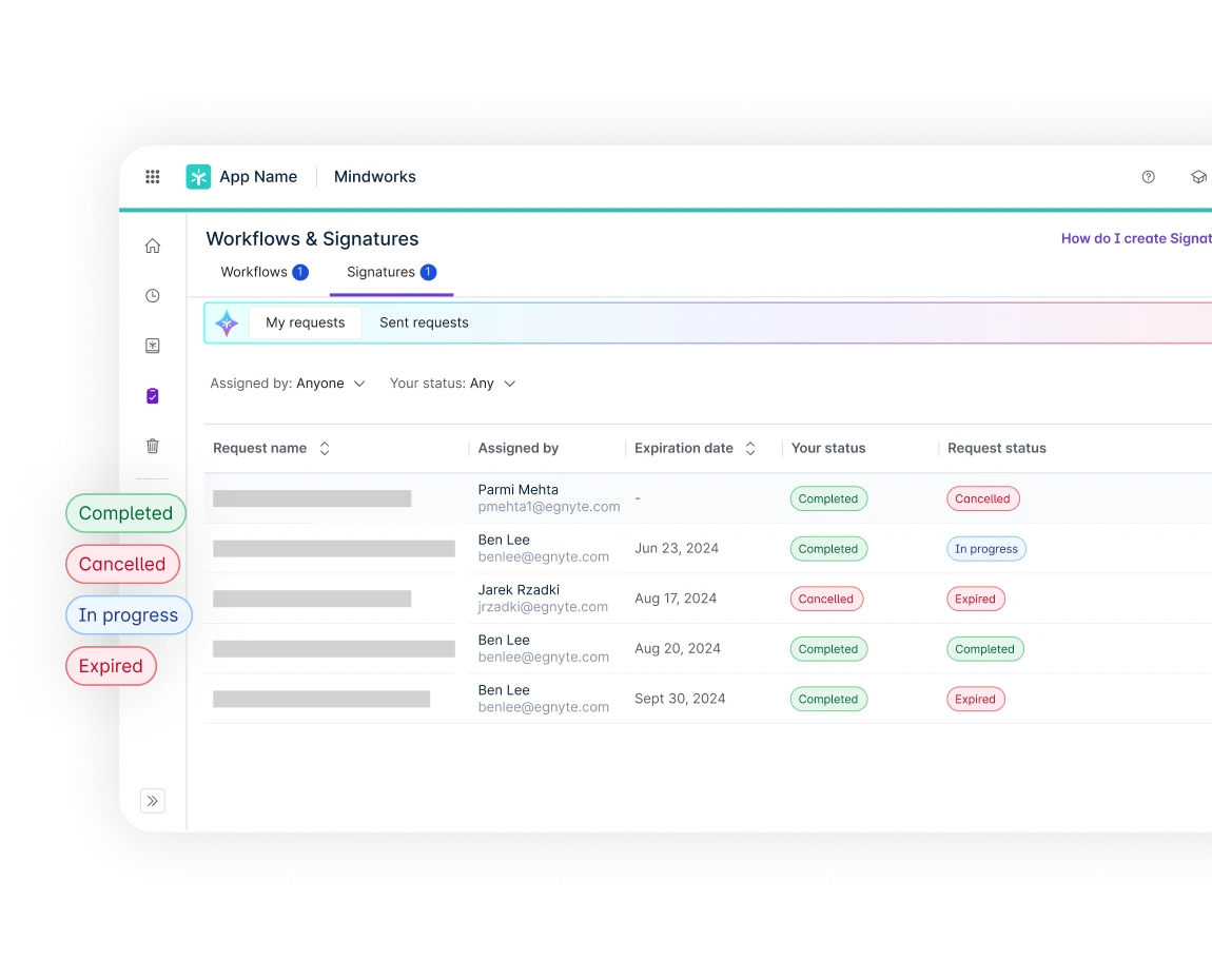 Egnyte workflows signatures request list