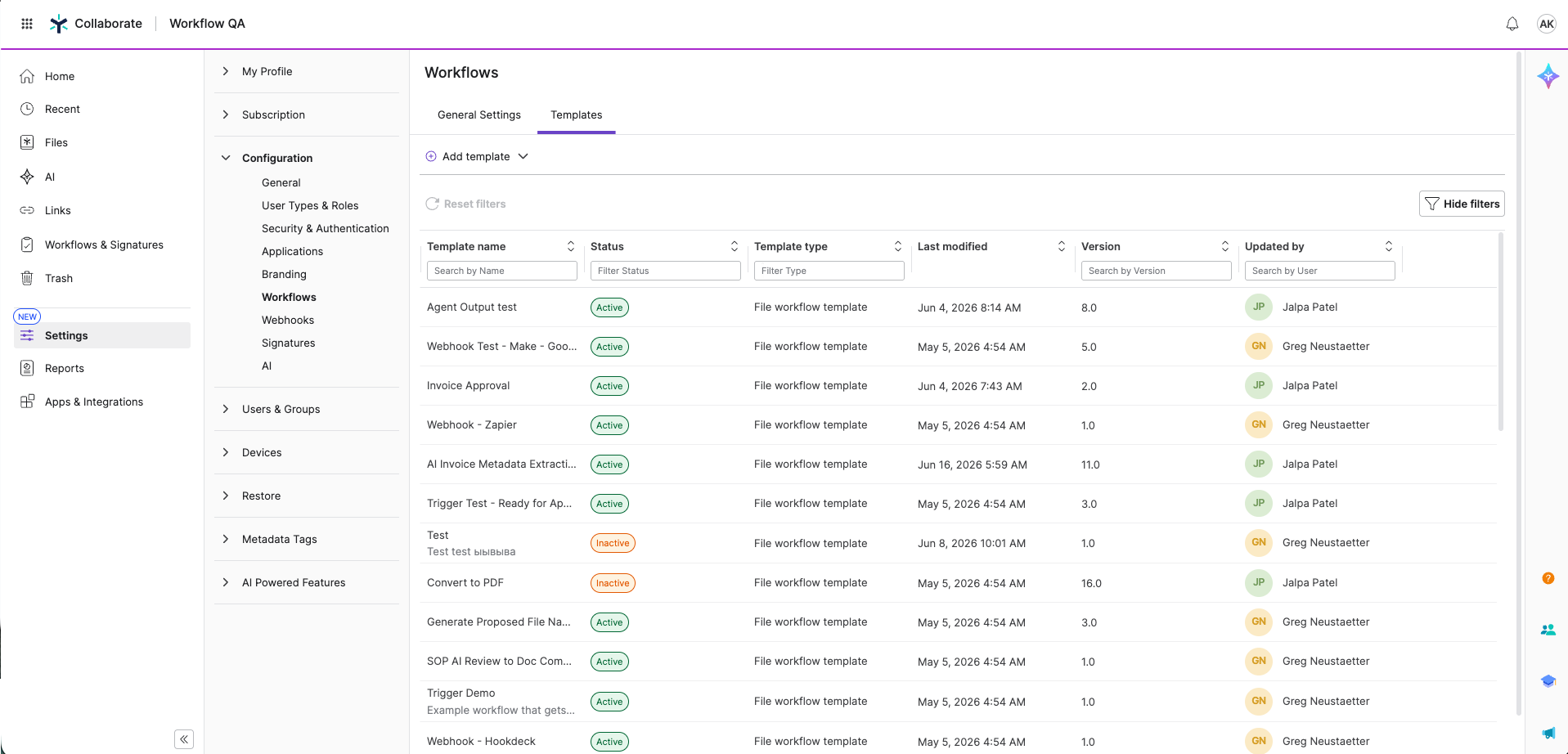 Egnyte Workflows and Signatures dashboard