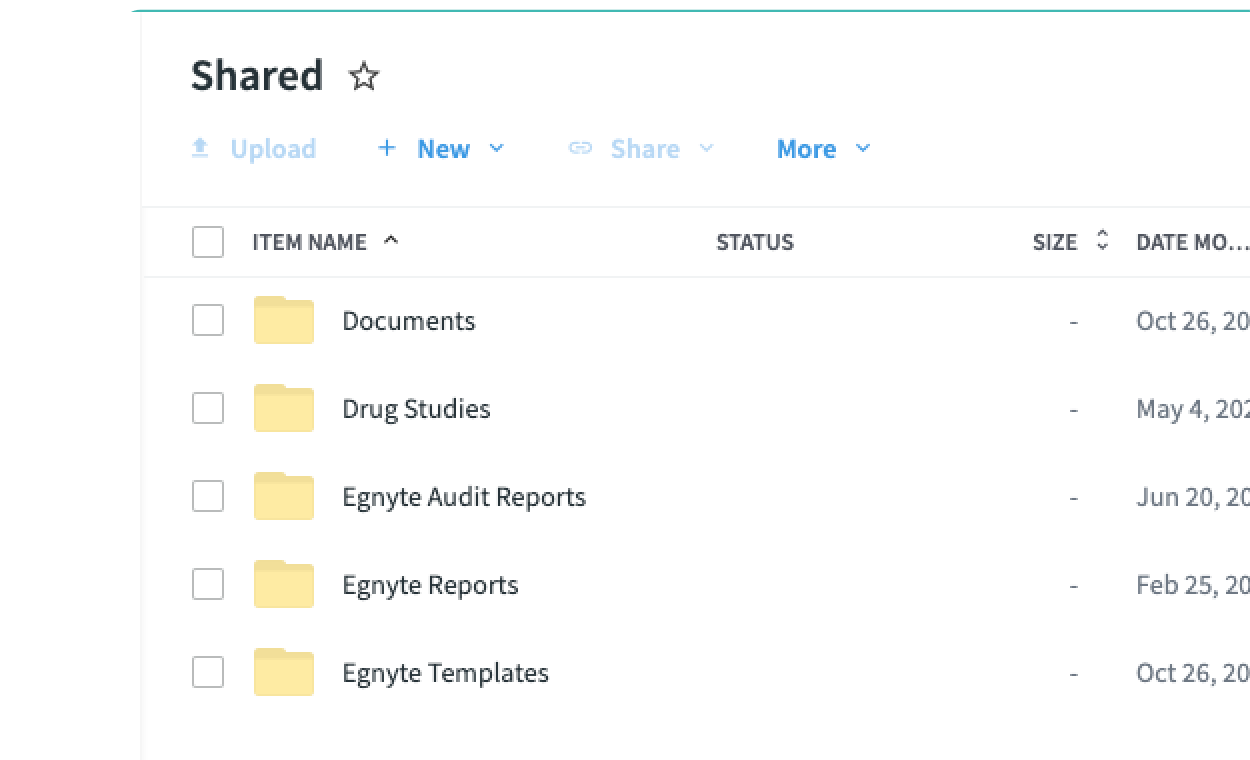 shared folders with status, size, and dates modified